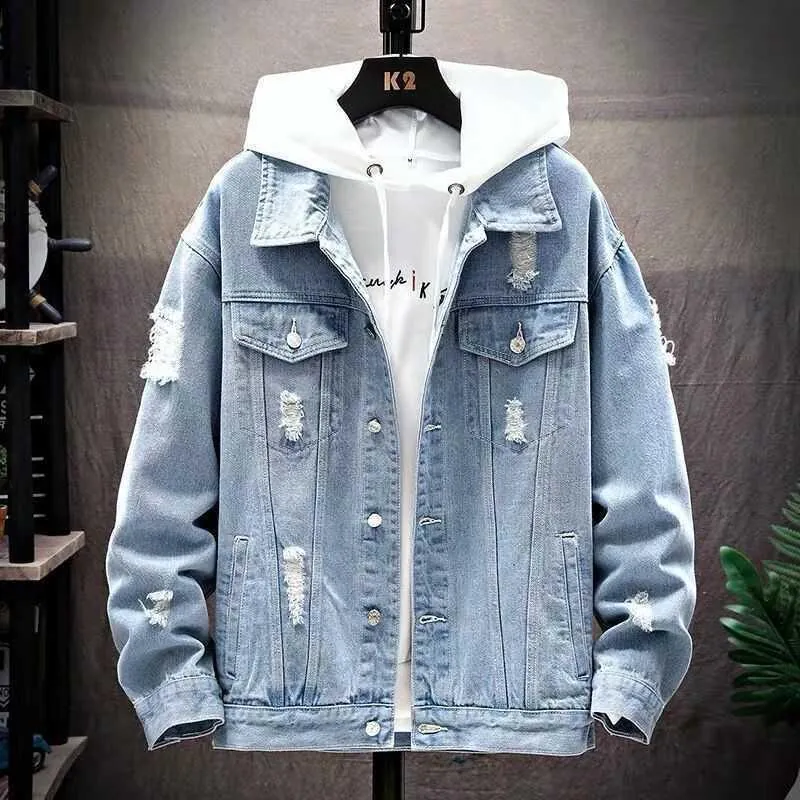 Spring and Autumn New Fashion Casual Korean Men's Ripped Denim Jacket Men's Washed Solid Color Denim Jacket