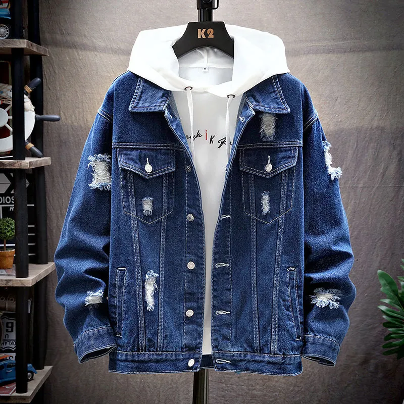 Spring and Autumn New Fashion Casual Korean Men's Ripped Denim Jacket Men's Washed Solid Color Denim Jacket