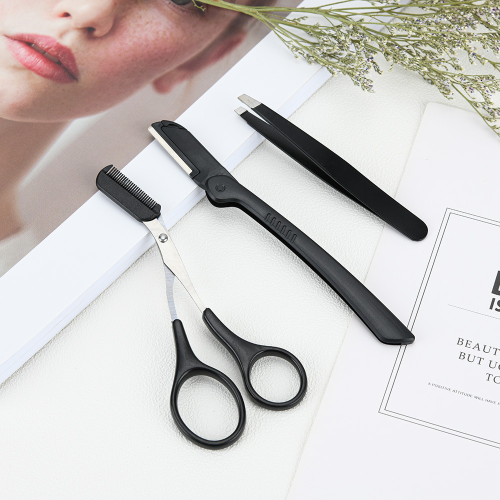 Stainless steel eyebrow trimming knife three-piece eyebrow trimming suit eyebrow clip eyebrow trimming knife tool eyebrow knife suit beauty tool